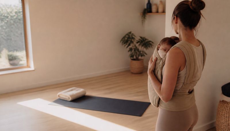 New parent standing with a baby in a carrier next to a yoga mat, ready to ease back into exercise